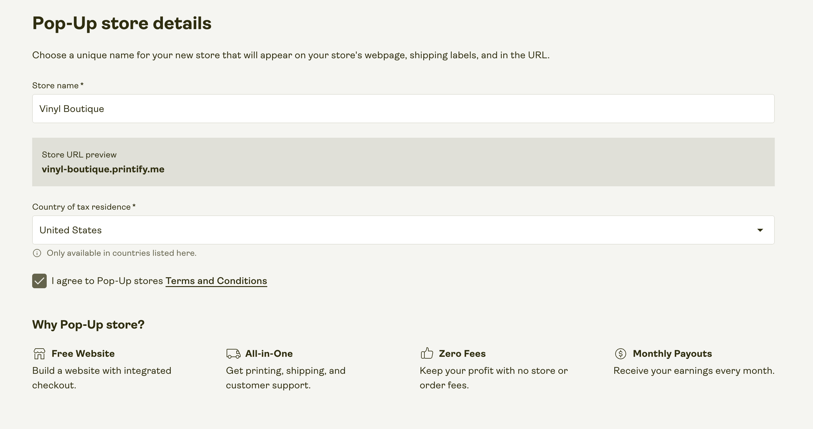 Store name and URL creation page.