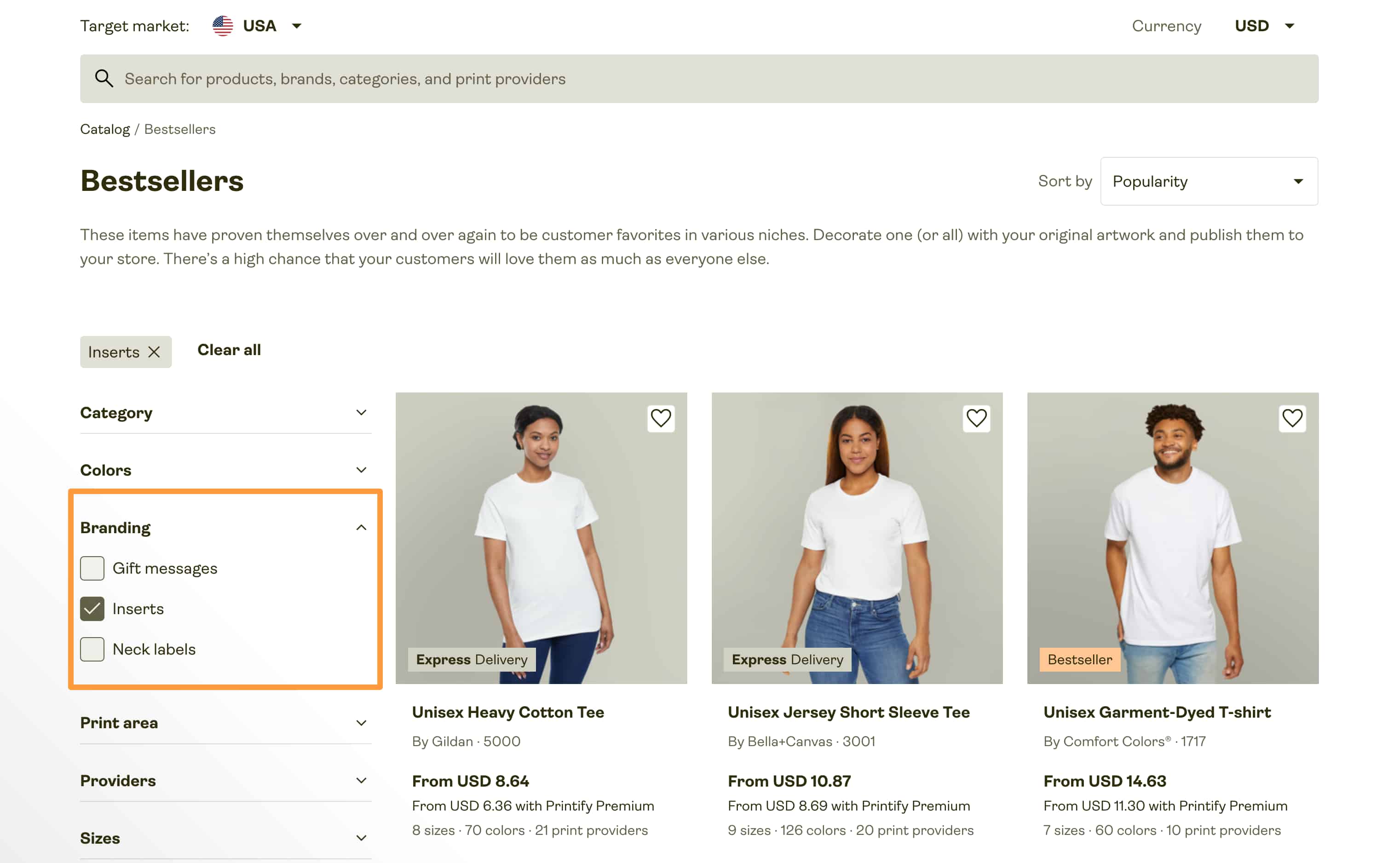 Printify Catalog screenshot showing the Bestsellers page with the ‘Inserts’ branding filter selected and three blank T-shirt product listings displayed.