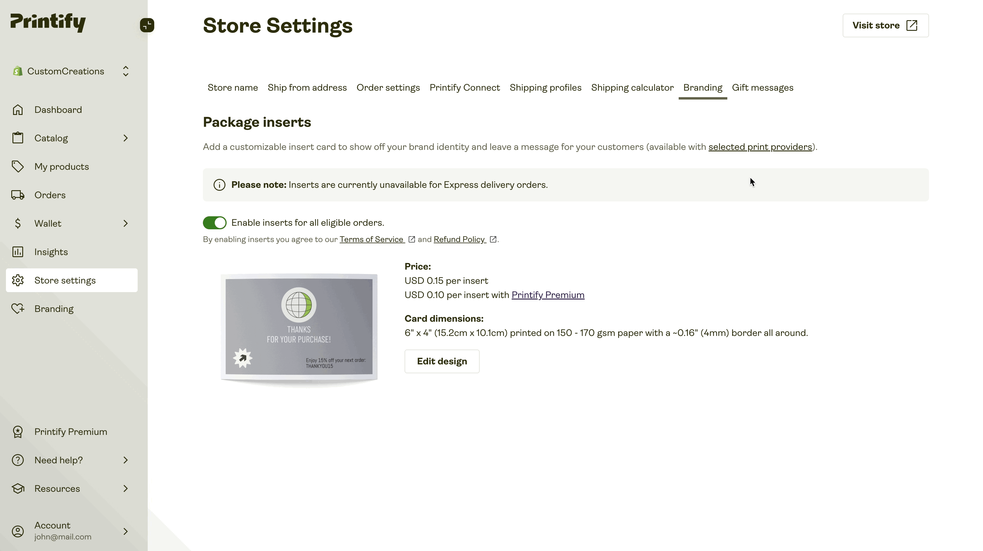 A pop-up window shows up in Printify Store Settings showing a list of supported Print Providers for packaging inserts.