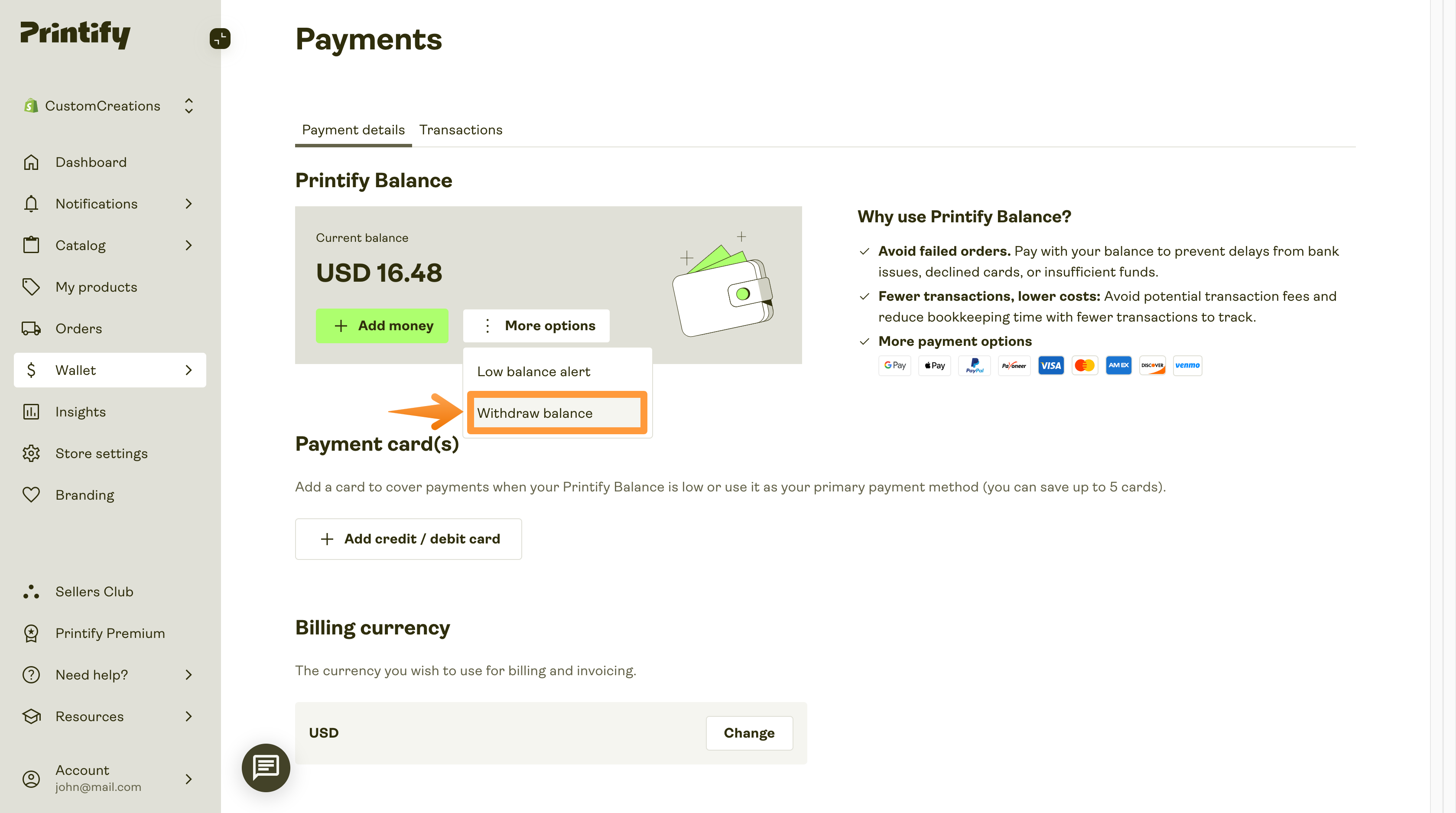  Printify Balance page with USD 16.48 and the option to withdraw balance.