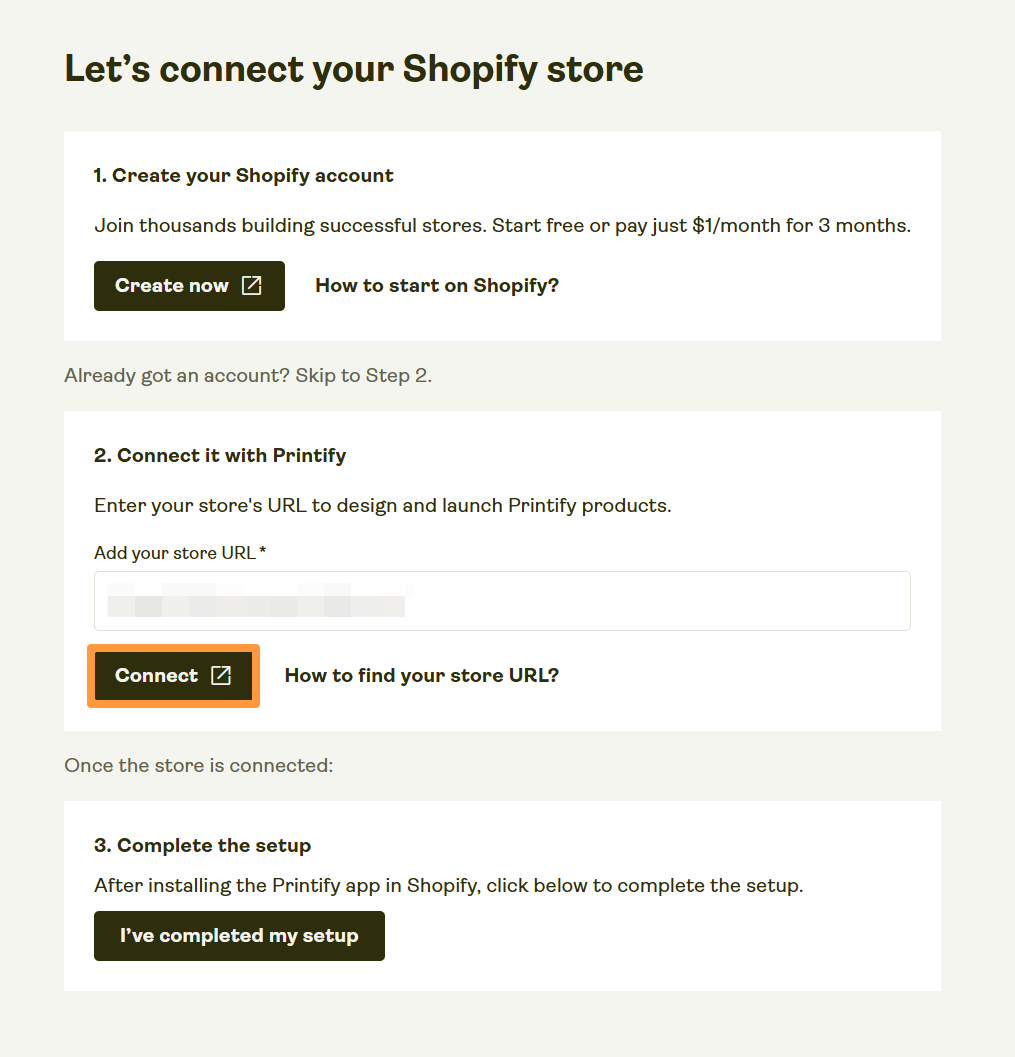 Shopify connection menu in Printify