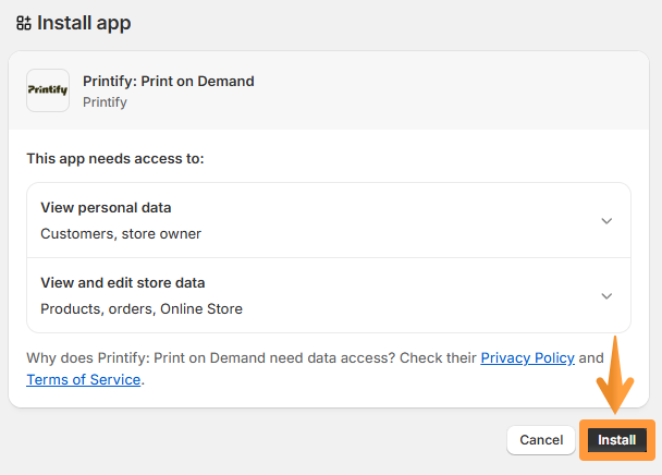 Printify app install prompt in Shopify