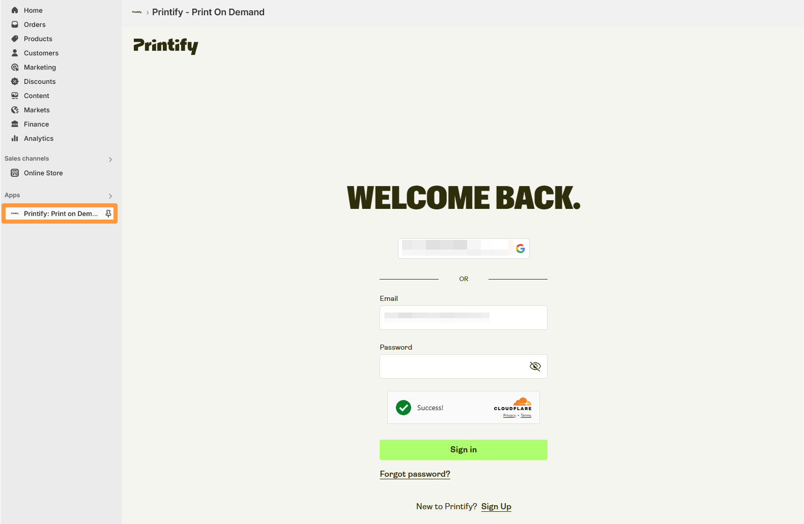 Printify login menu in the Shopify dashboard
