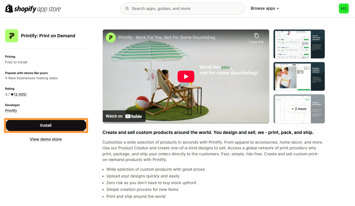 Printify app in the Shopify app store