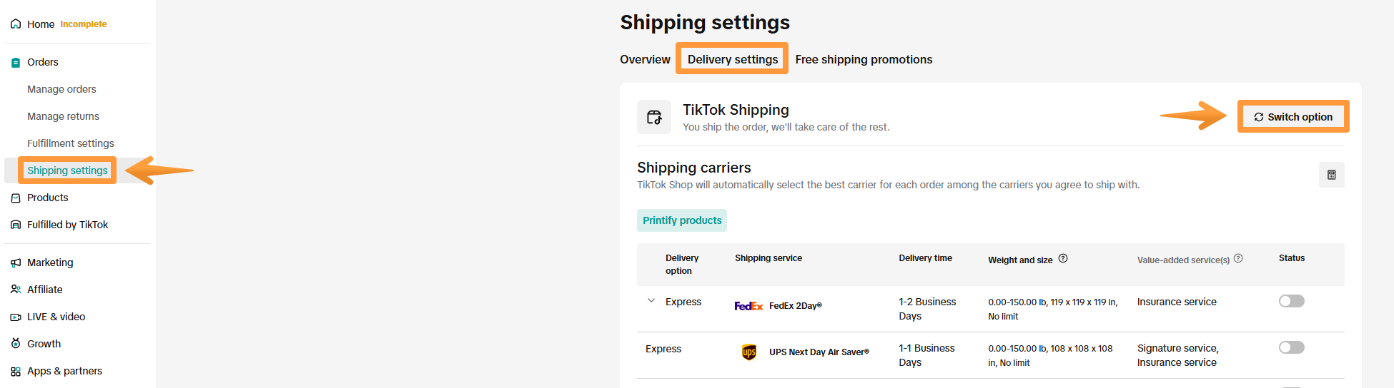 TikTok Shipping settings menu