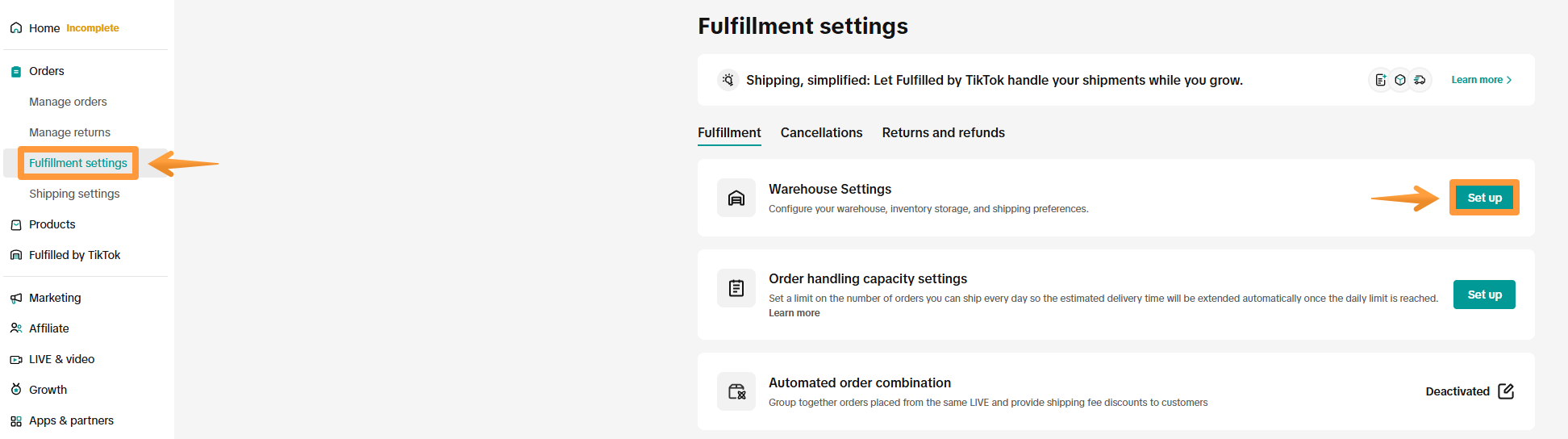 TikTok Warehouse setting location from main menu