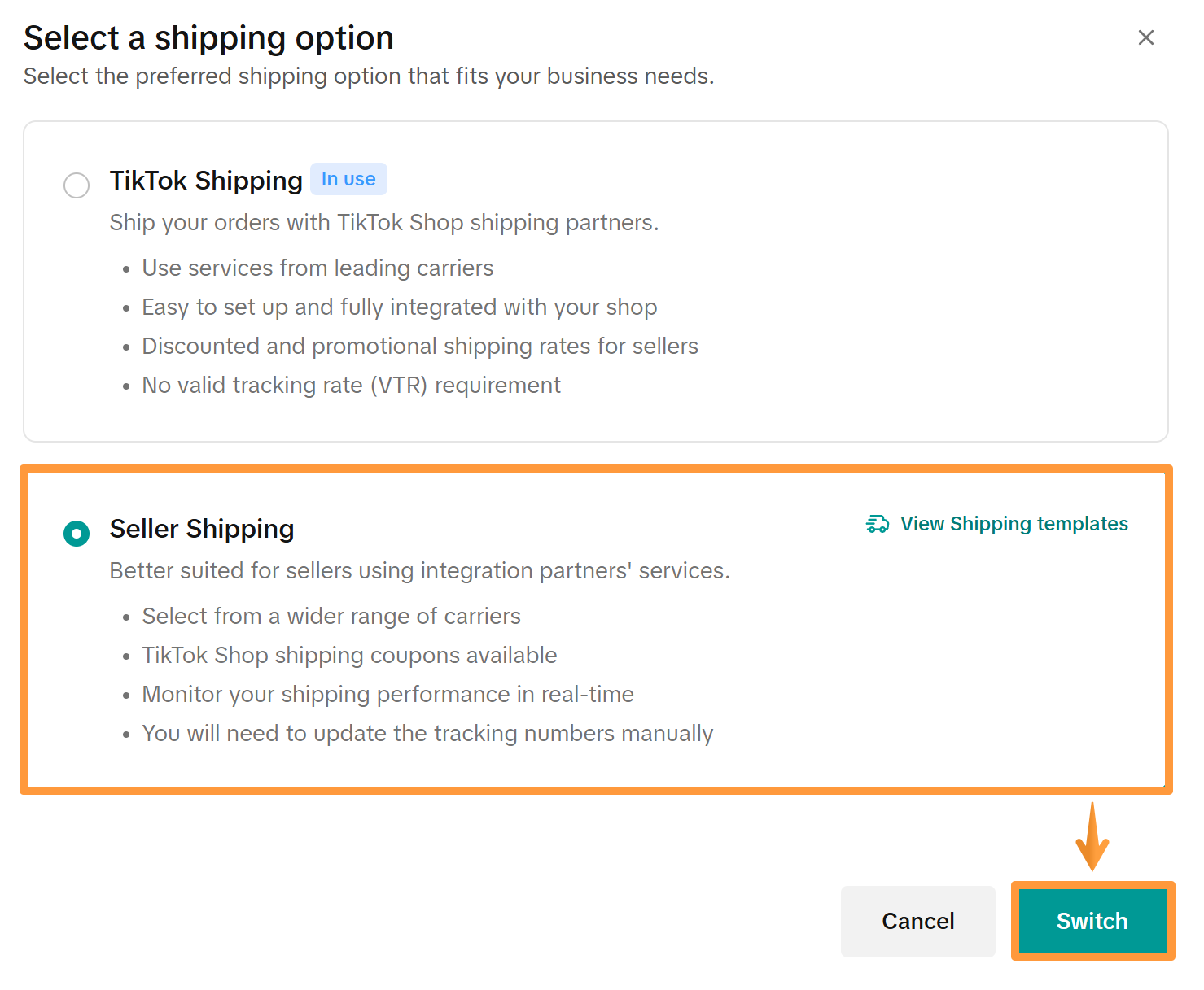 Shipping option selection menu