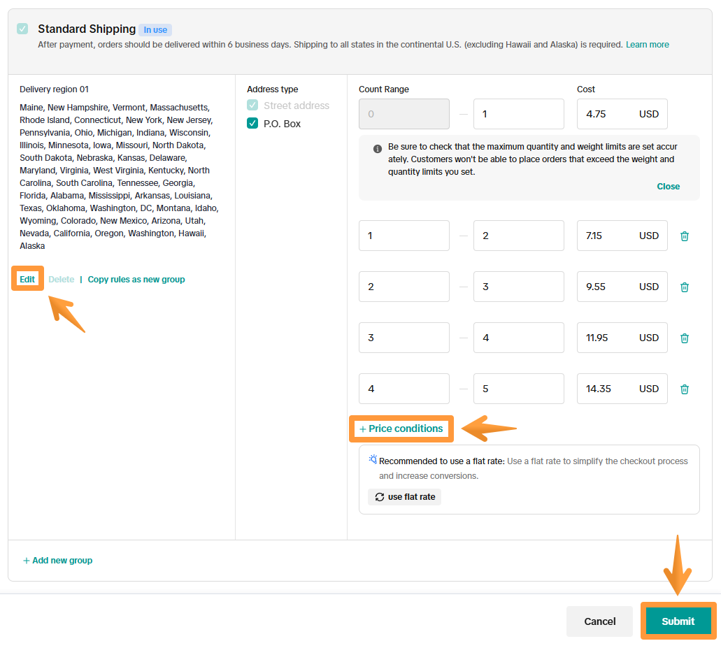 Example of Quantity-based shipping template