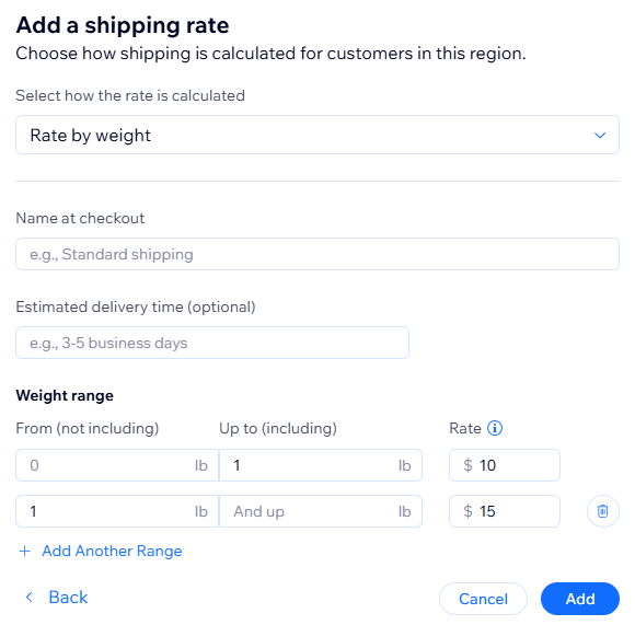 Wix_rate by weight settings