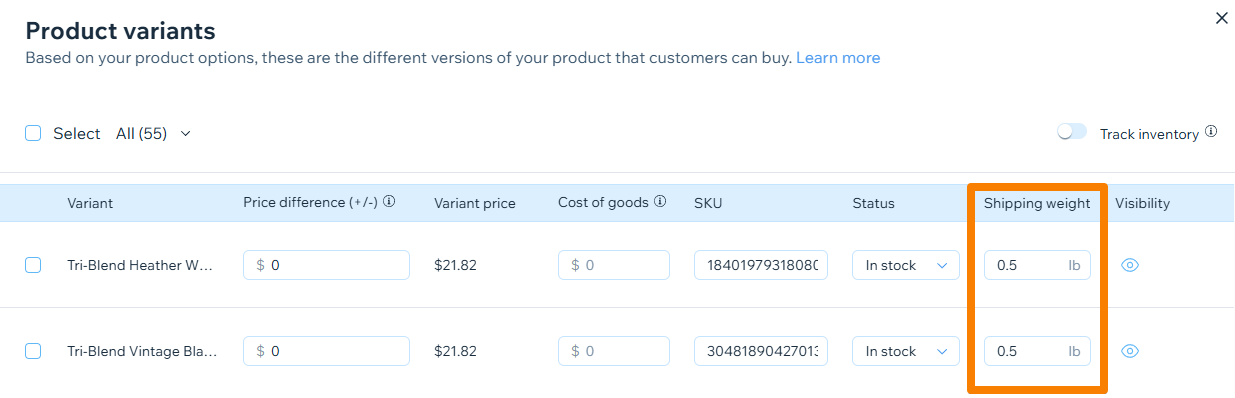 Wix_product variant weight