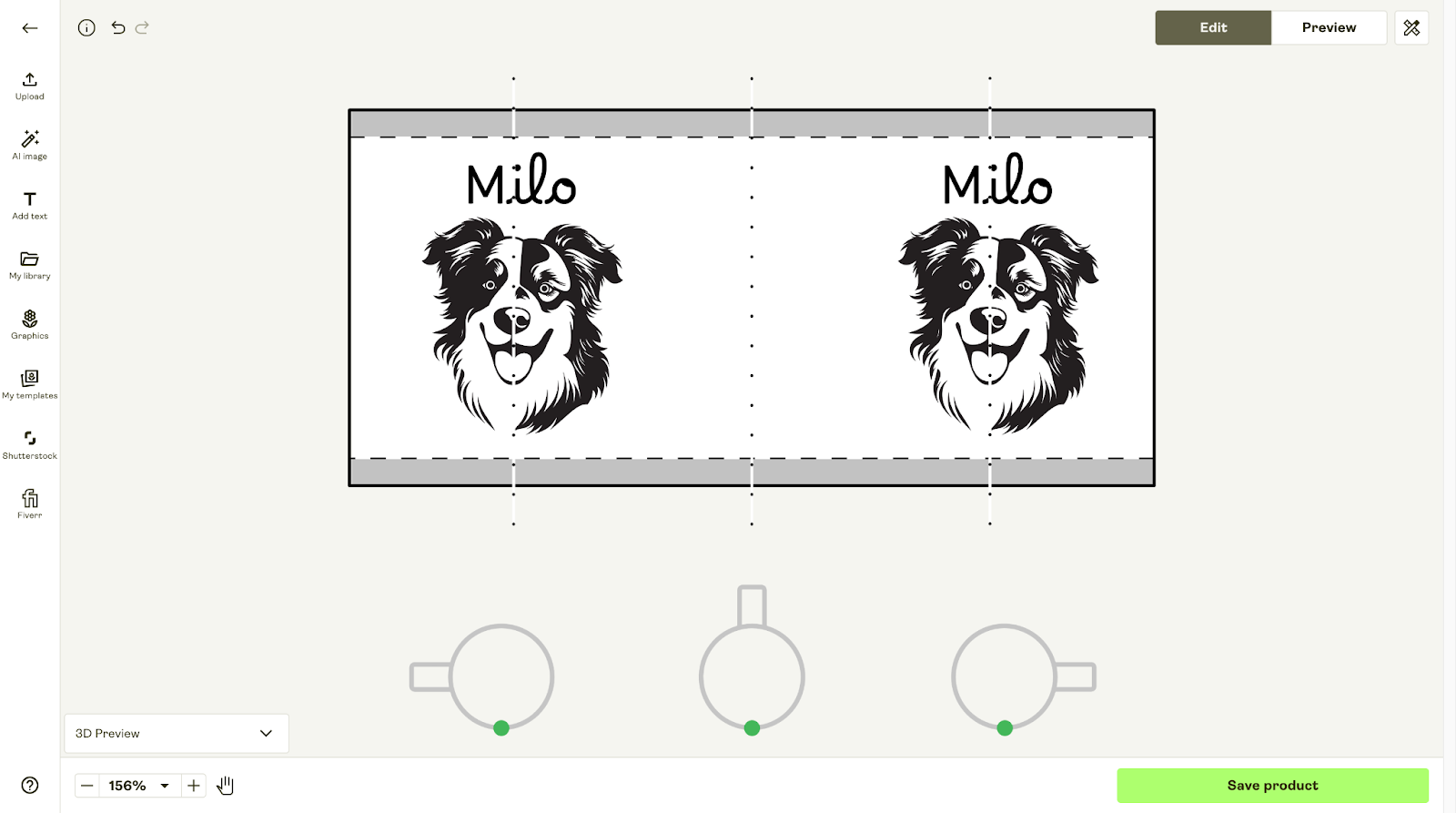 Product Creator showing a mug design with “Milo” text above a dog illustration.