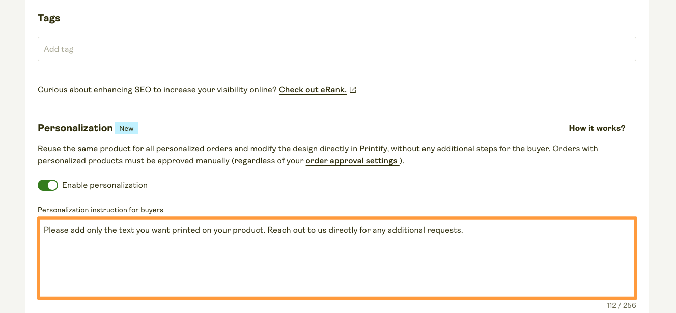 Product Creator showing the personalization toggle enabled with a text box for buyer instructions.