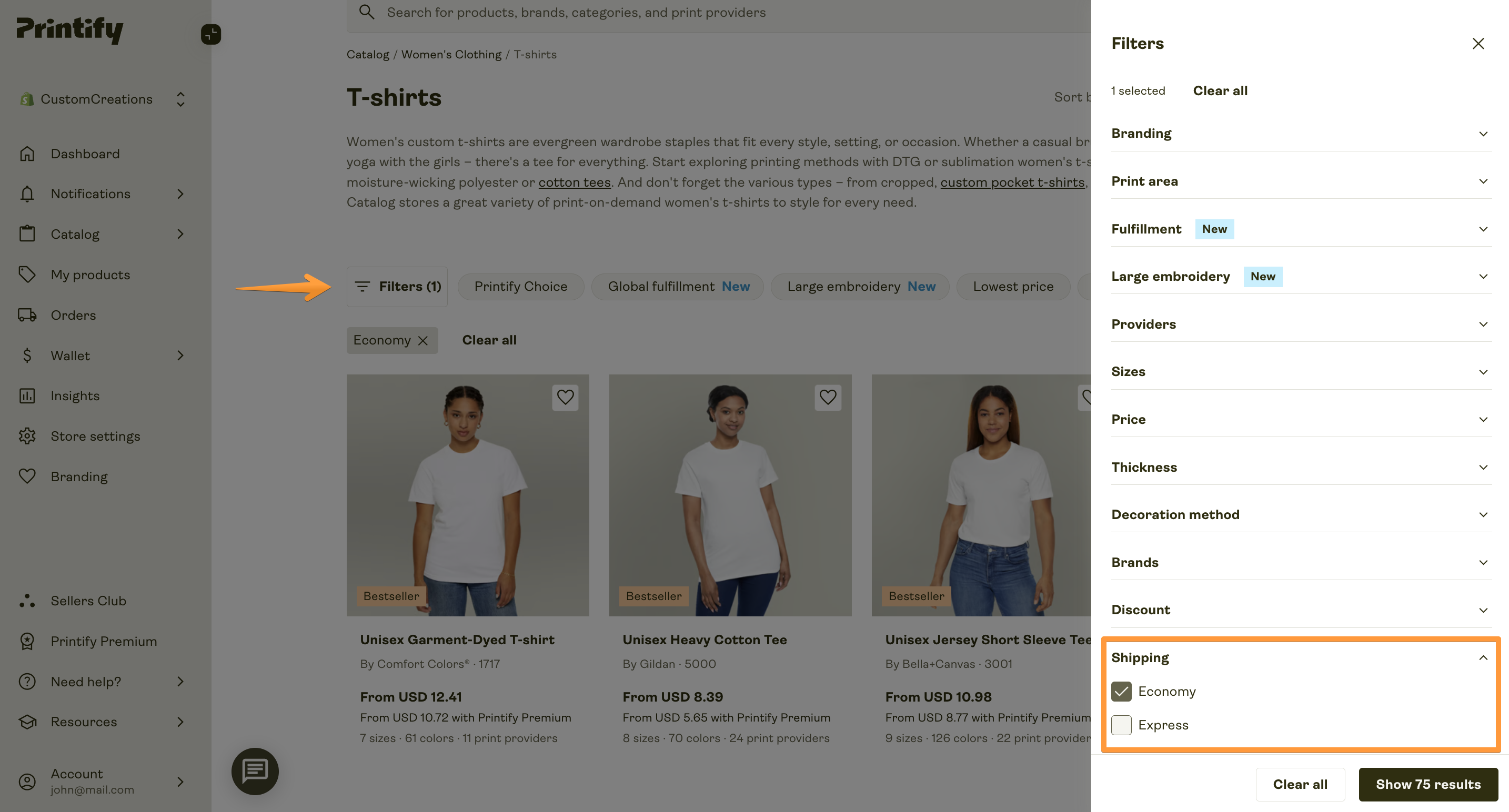 The Economy Shipping filter can be located in the top section of our Catalog.