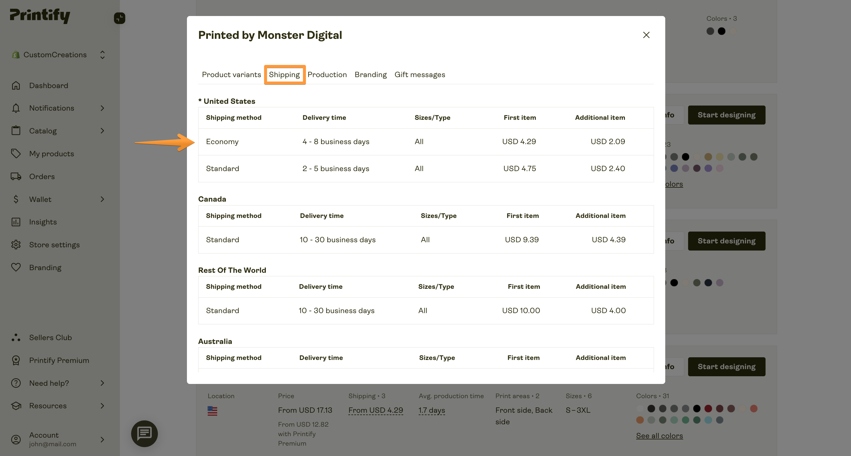 Click on Provider info to see the Economy Shipping price for the specific item.