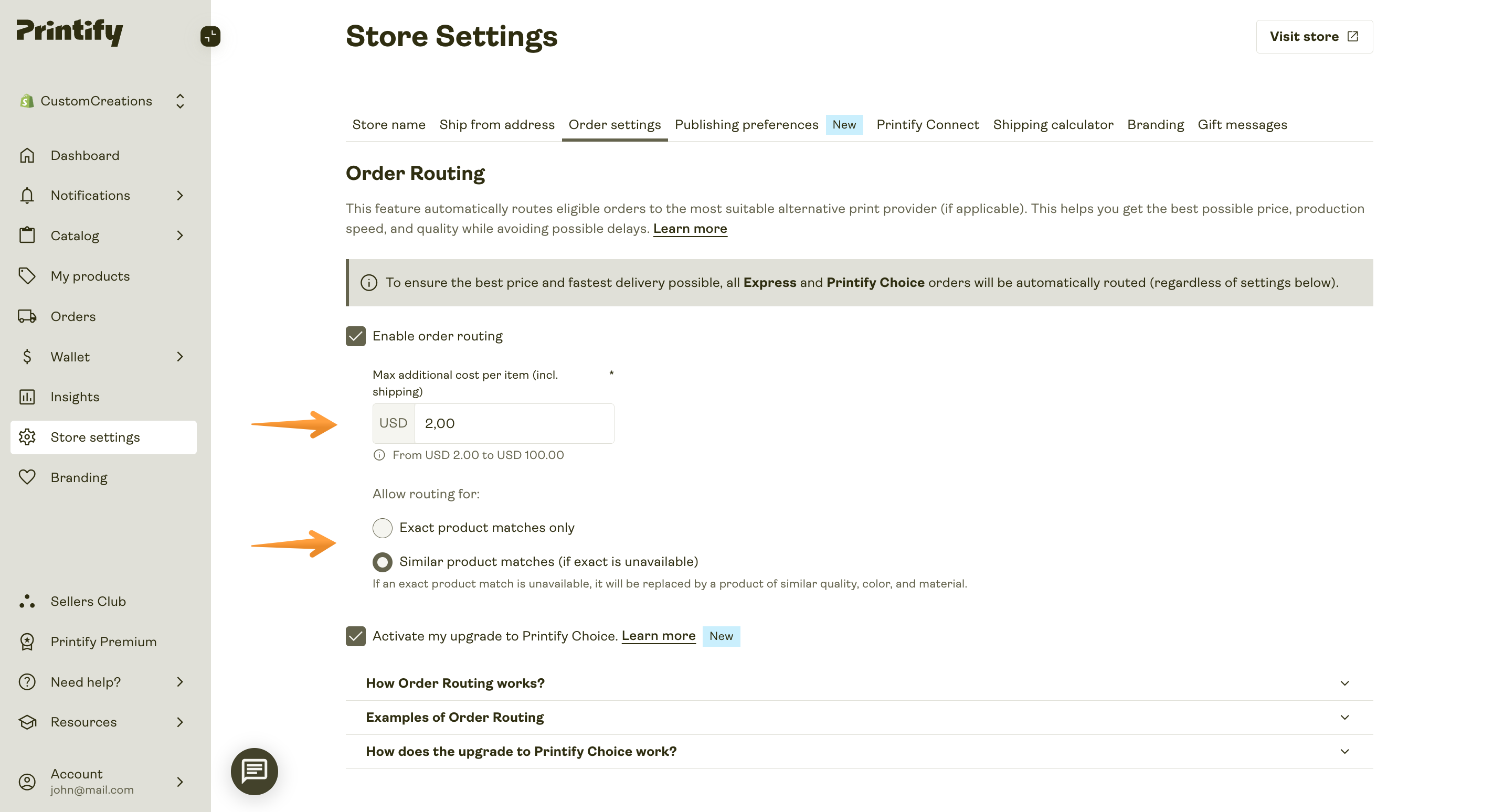 After enabling order routing, adjust the maximum additional cost per item and decide which products to allow routing for - exact product matches or similar product matches.