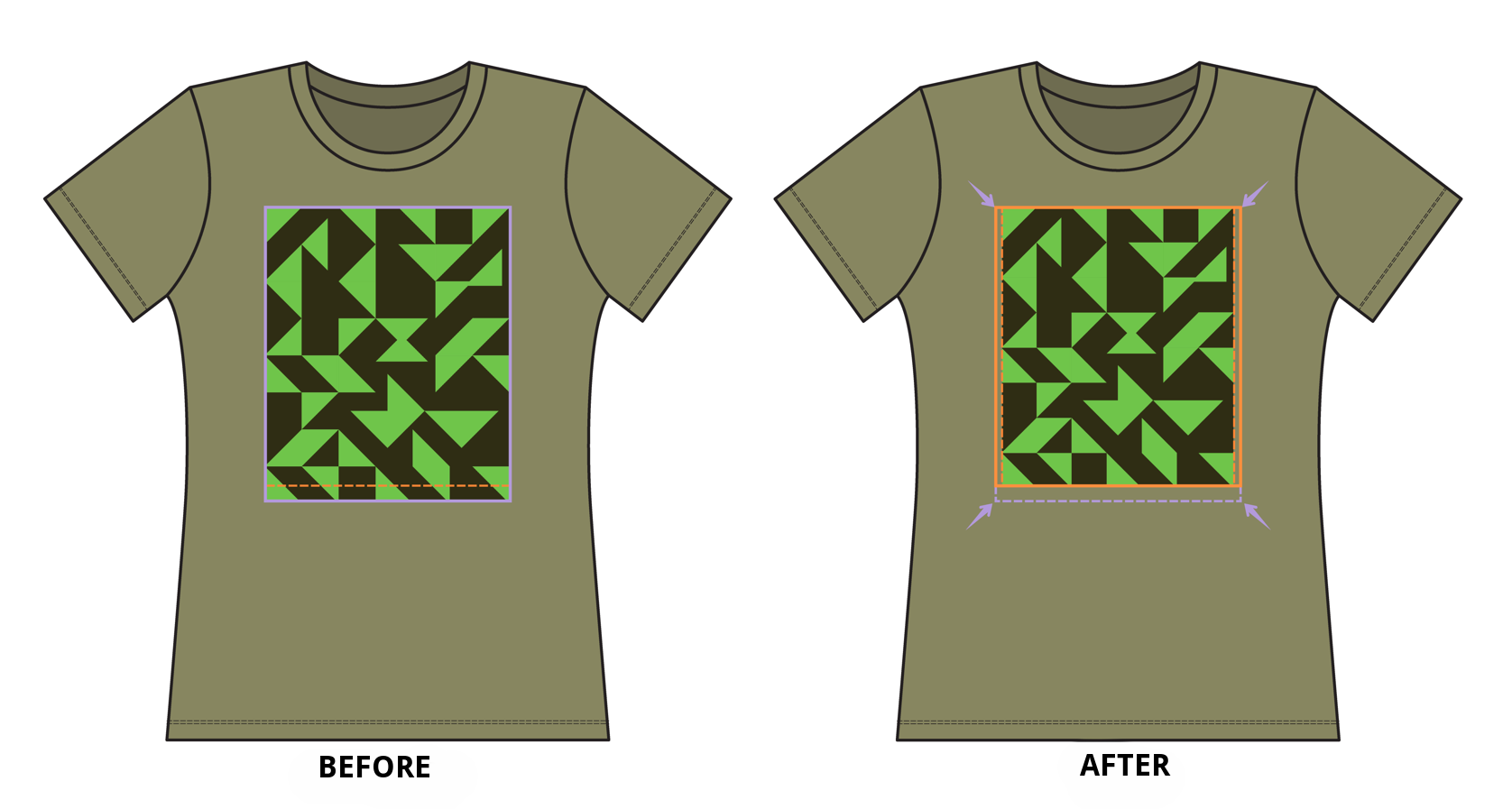 Side-by-side comparison of a t-shirt design: the previous print area on the left and the adjusted print area on the right
