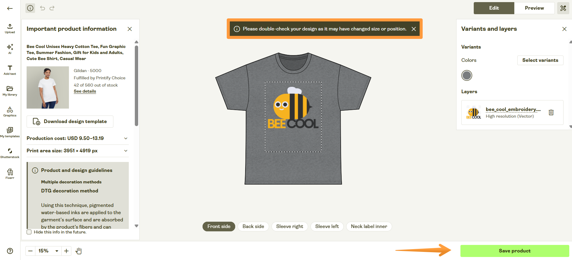 Product Creator view showing a t-shirt design and the Save product button highlighted to confirm changes after switching to Printify Choice.