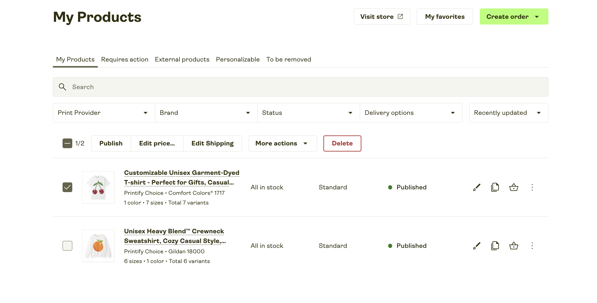 Select the check box on the left side to choose a product.