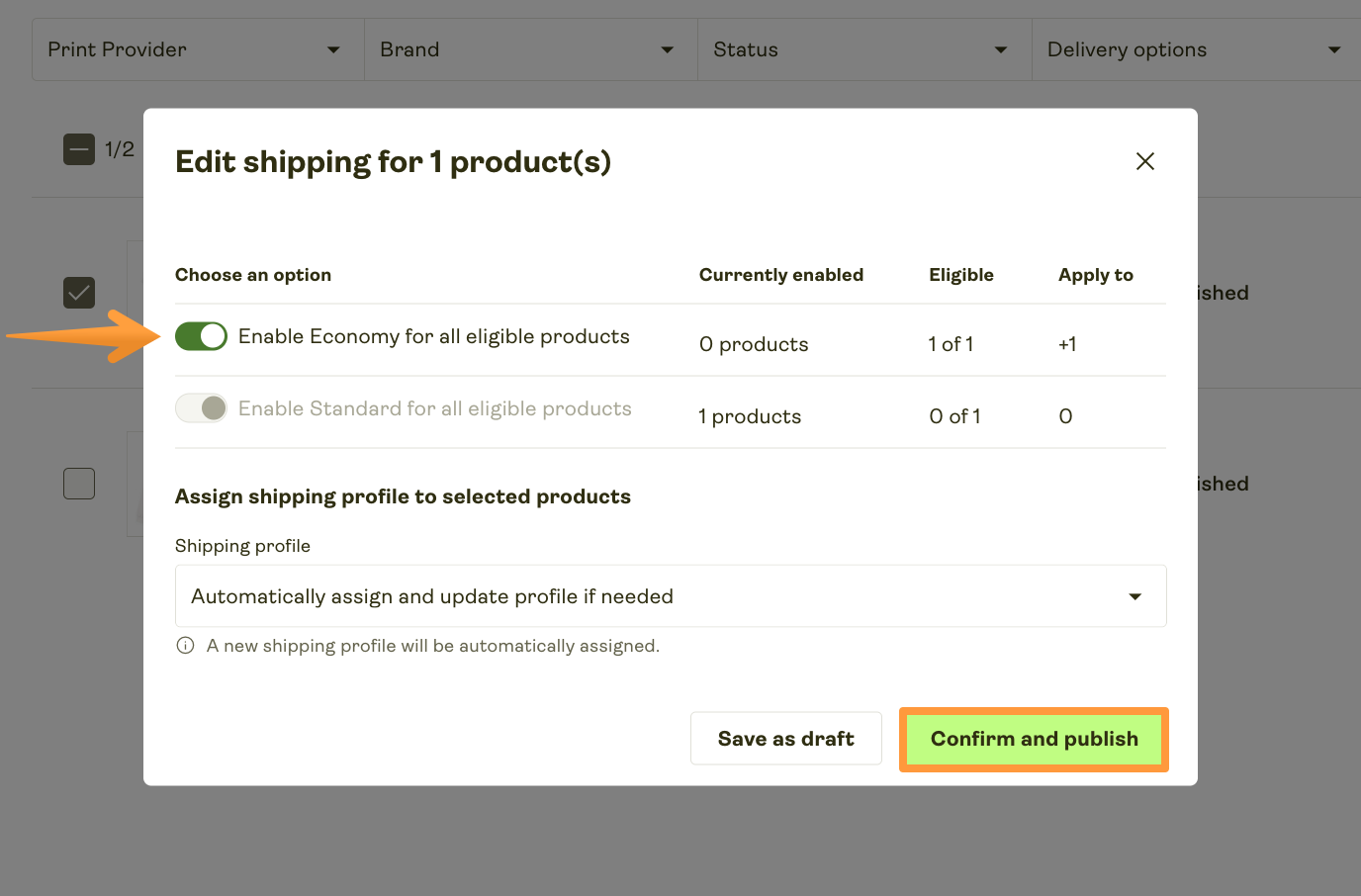 Enable Economy Shipping for the product and confirm the changes.