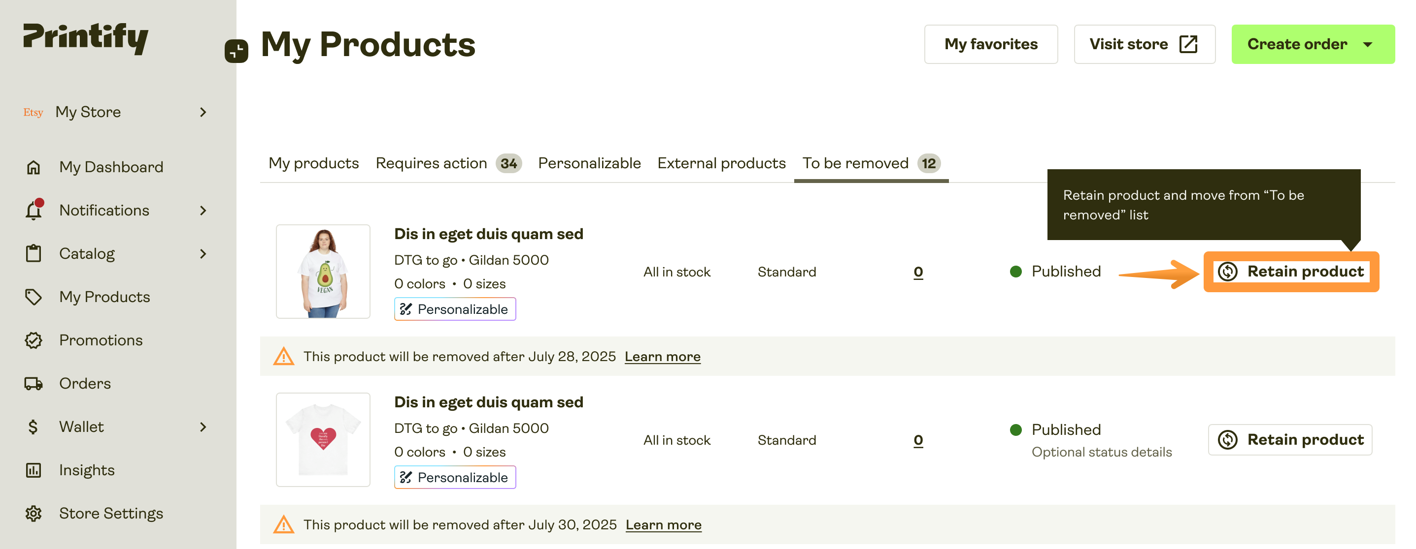 Retain product button in the To be removed tab in My Products.