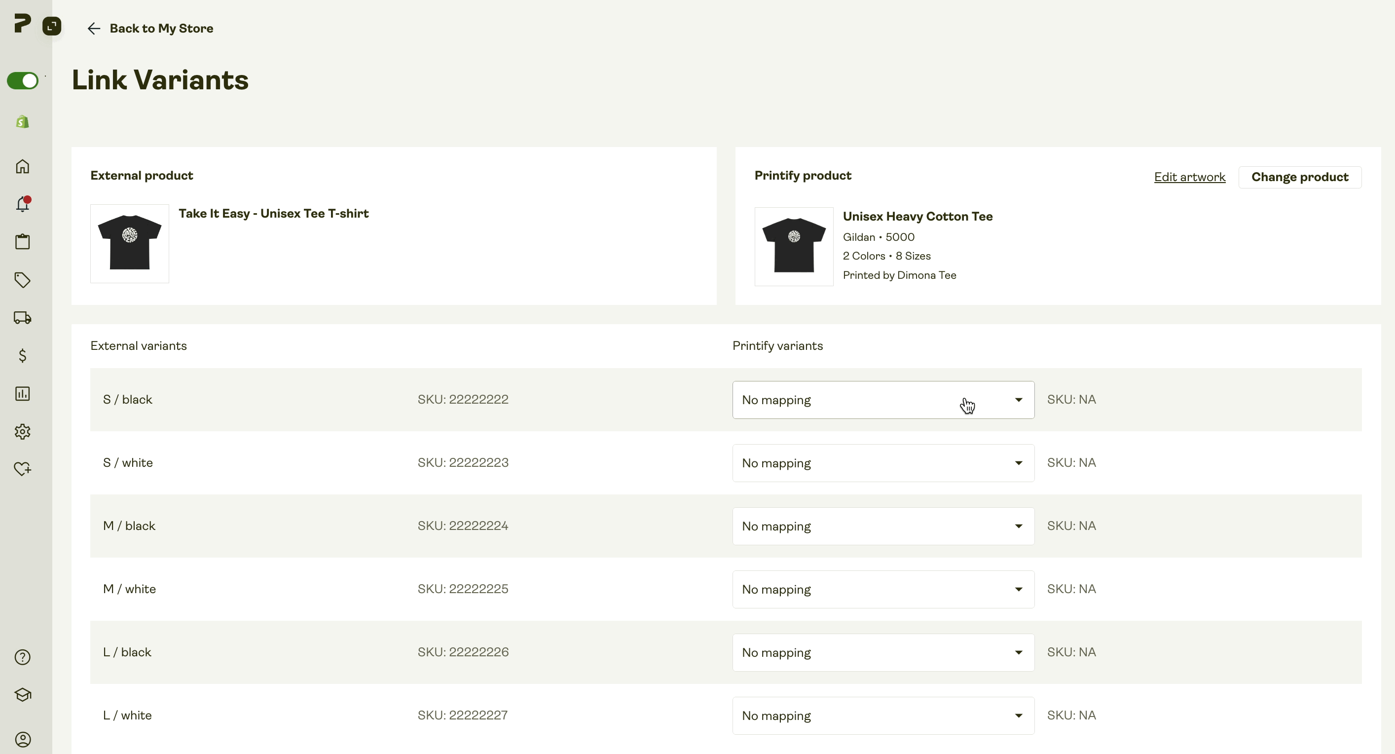 Matching migrated Shopify listing variants.