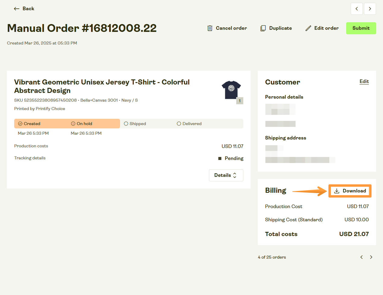 Invoices per order download from Order view. 