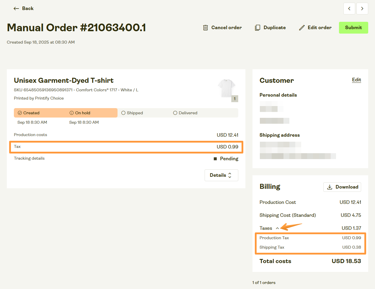 Taxes in the Order view.