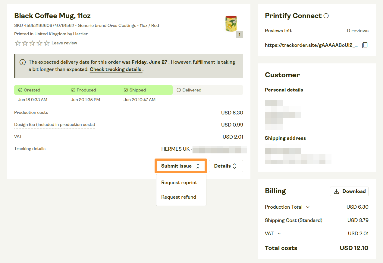 Submitting an issue from the Order view.