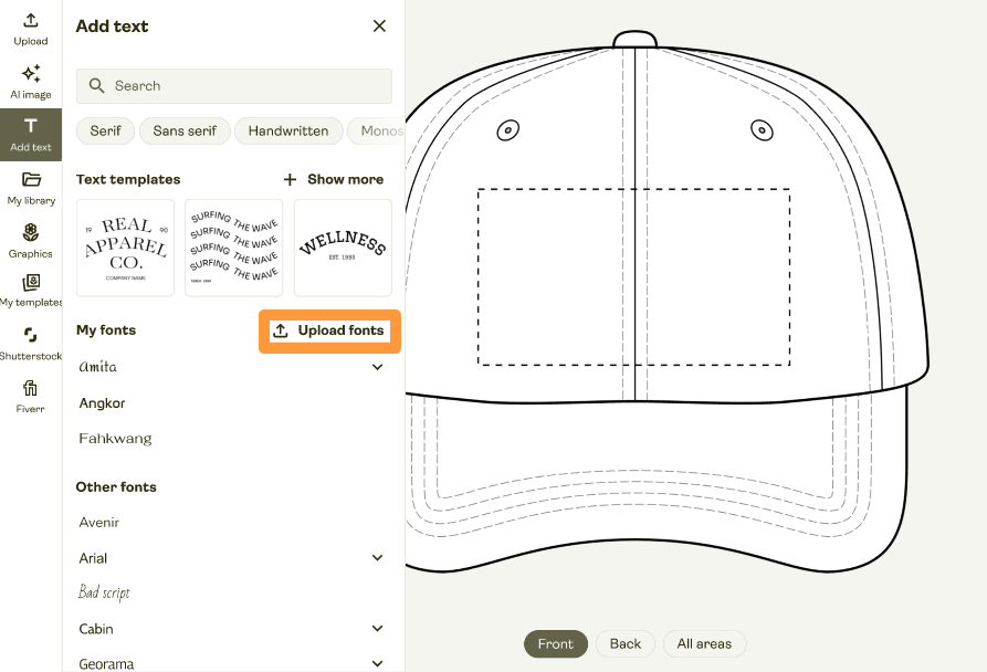 Fonts panel in the Product Creator showing the “Upload fonts” button under My fonts.