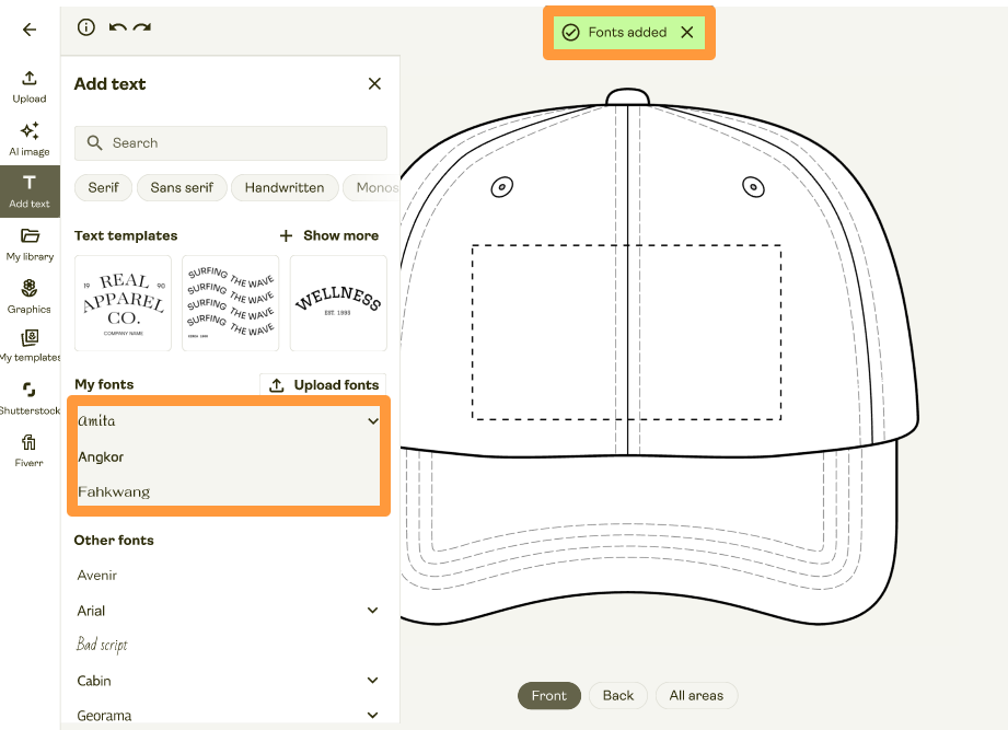 Product Creator showing a success banner “Fonts added” and the new font listed under My fonts.