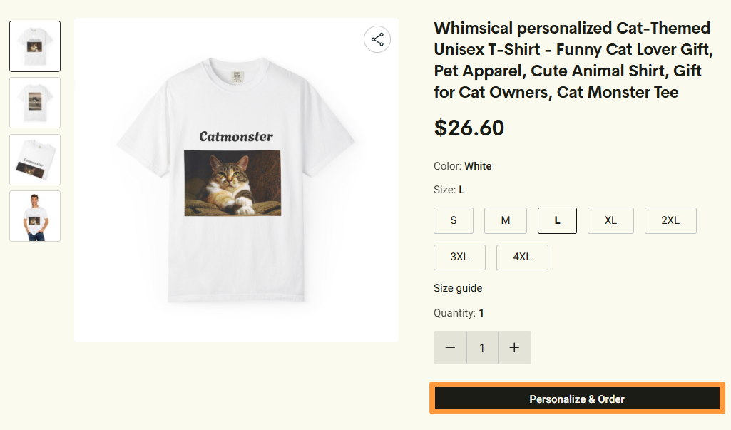 Product details page with “Personalize & Order” button