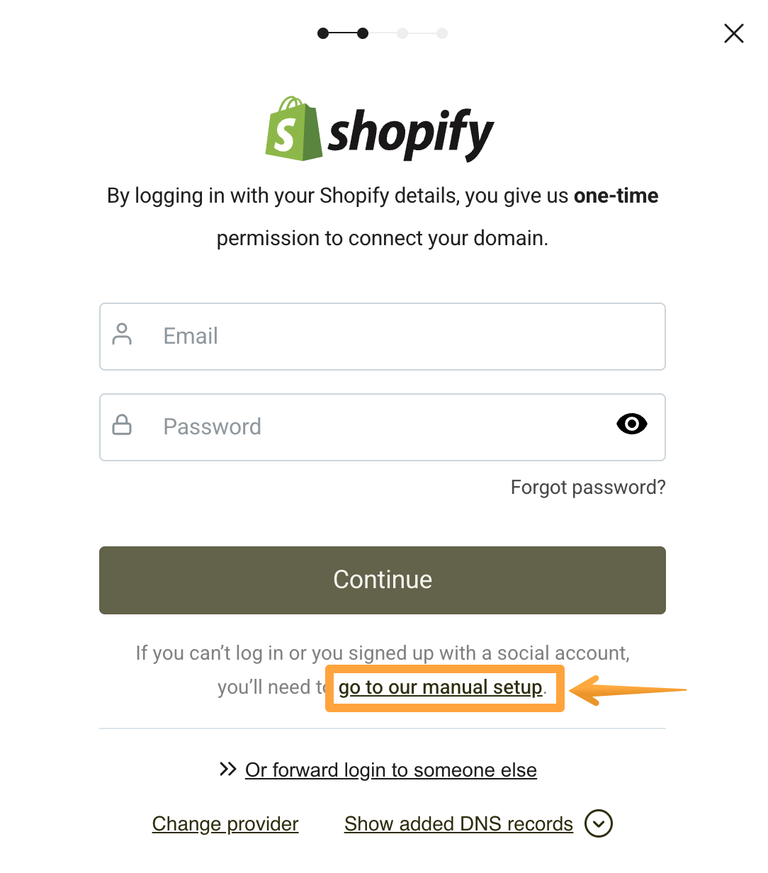 Entri Connect setup screen showing the “Change provider” option to select Manual Setup.
