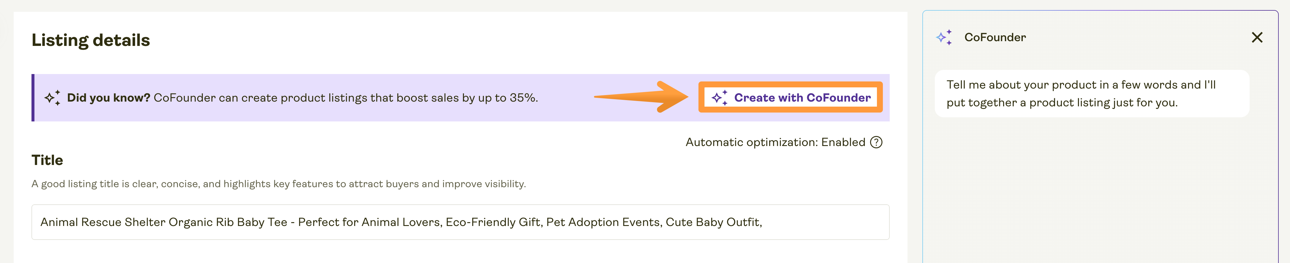 Listing details step of the publishing process with the Create with CoFounder button.