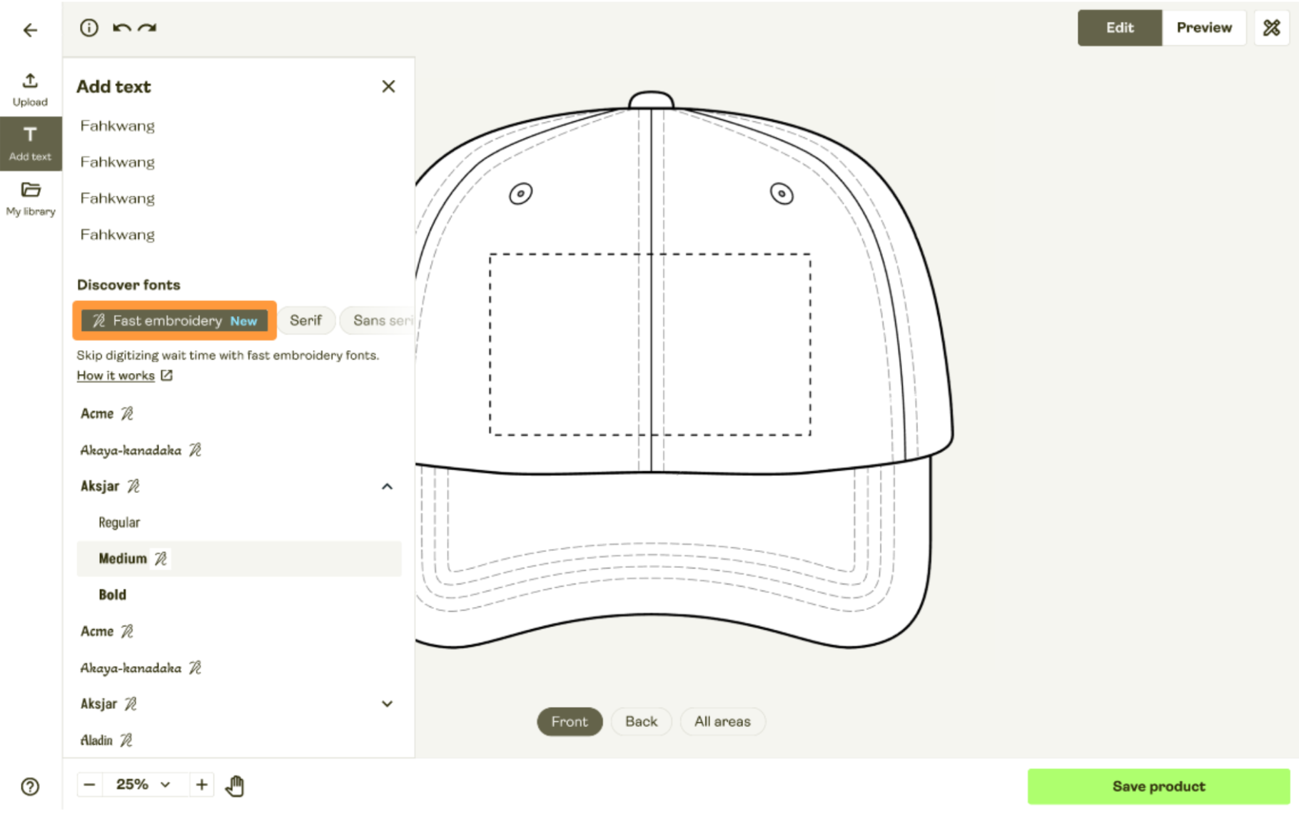 Product Creator’s Add Text panel showing the Fast Embroidery filter highlighted. Several fonts are listed with a stitched icon next to their names, indicating that one or more of the font variants are pre-digitized. 