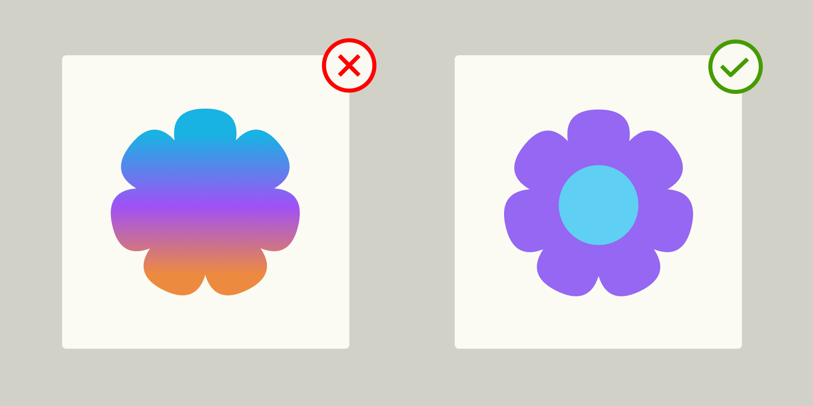 Example showing incorrect use of gradients and correct use of solid colors — the left flower has a gradient fill, while the right flower uses flat colors and is marked correct.