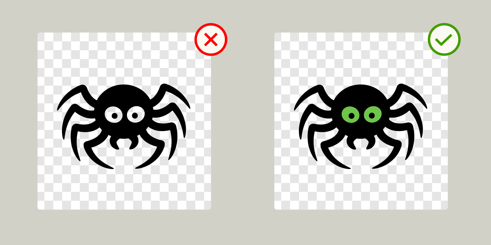 The left spider has "negative space"-filled eyes marked wrong, while the right uses color-filled eyes marked correct.