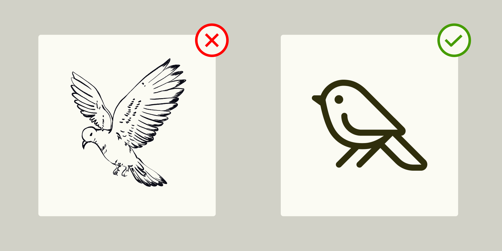Comparison of inconsistent versus proper line thickness — the left bird illustration has thin sketchy lines marked wrong, the right uses uniform bold lines marked correct.