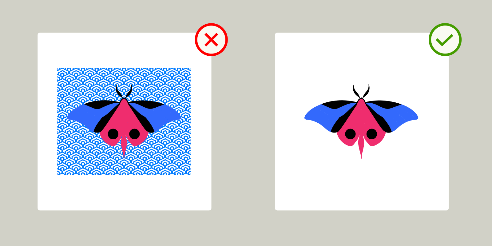 Illustration comparing detailed versus simplified design — the left has a complex patterned background marked wrong, while the right shows a simplified clean version marked correct.