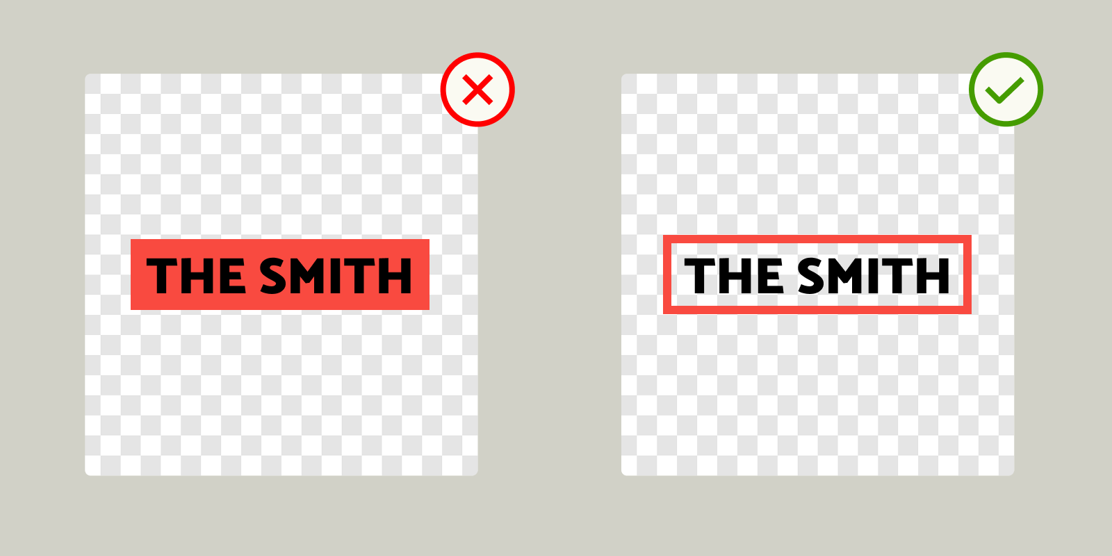 Comparison of correct and incorrect image backgrounds — the left shows a solid filled background marked wrong, while the right shows a transparent background marked correct.