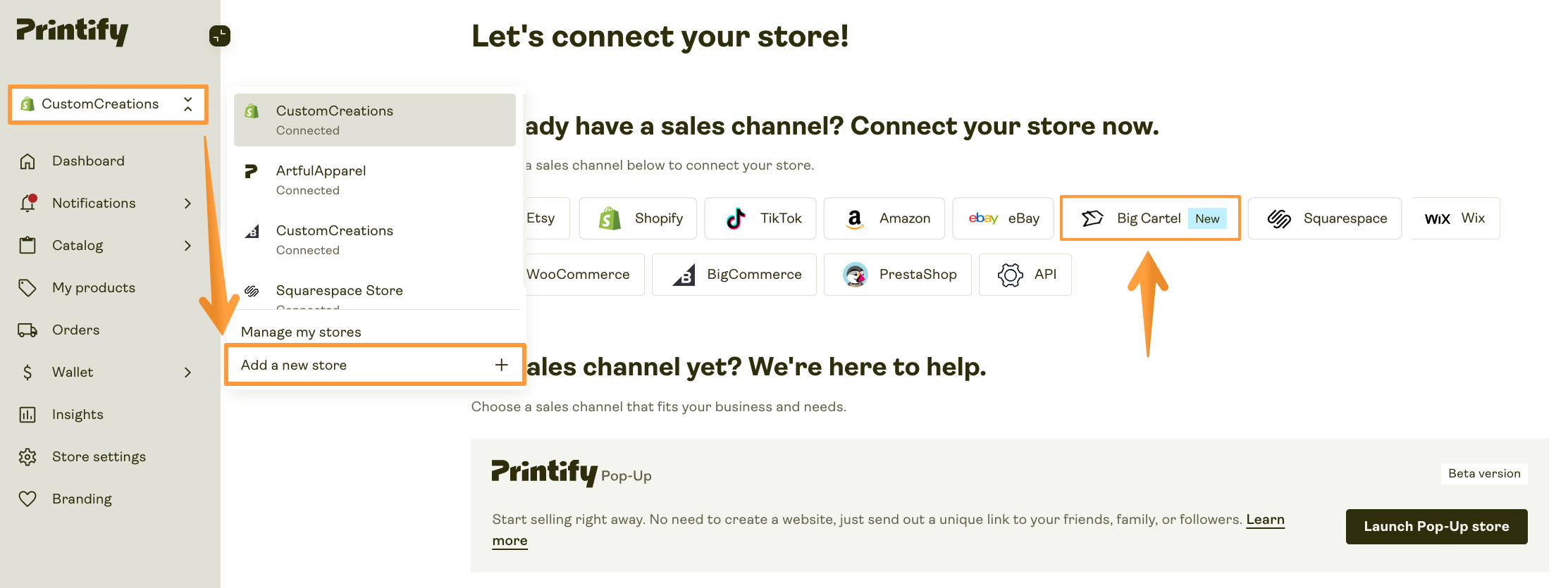 Big Cartel selection in sales channel selection page.