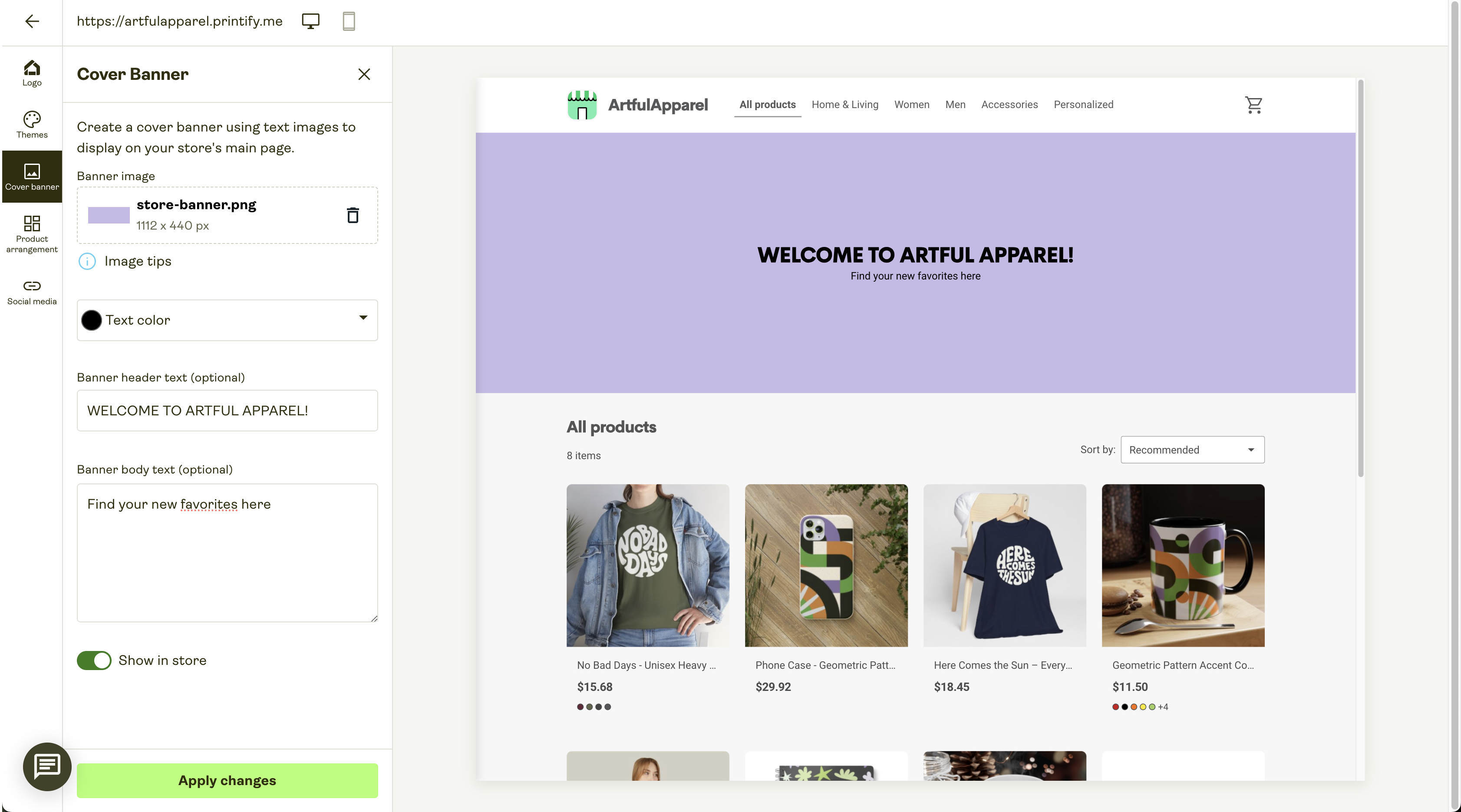 Screenshot of the cover banner editor adding a welcome message and banner image to the store.
