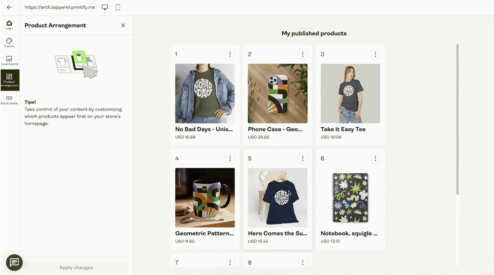 GIF showing a user rearranging published products in a Printify Pop-Up Store Builder.