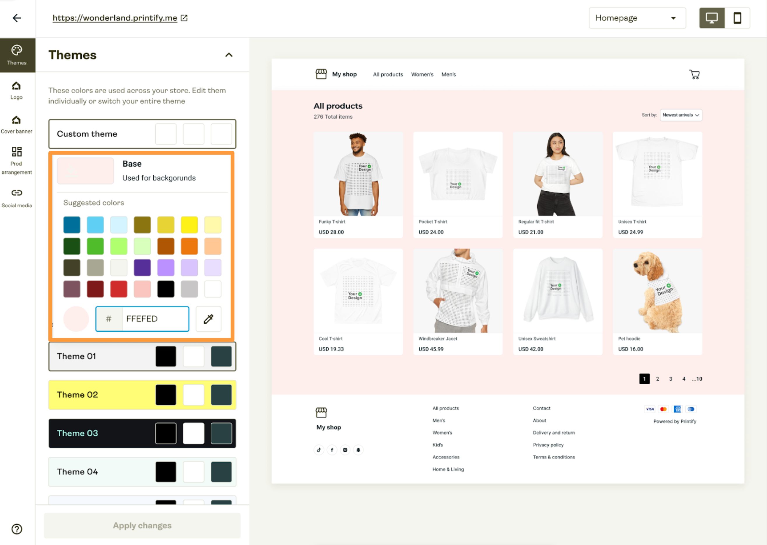 Screenshot of the theme editor in Store Builder showing color options and a store preview with products.