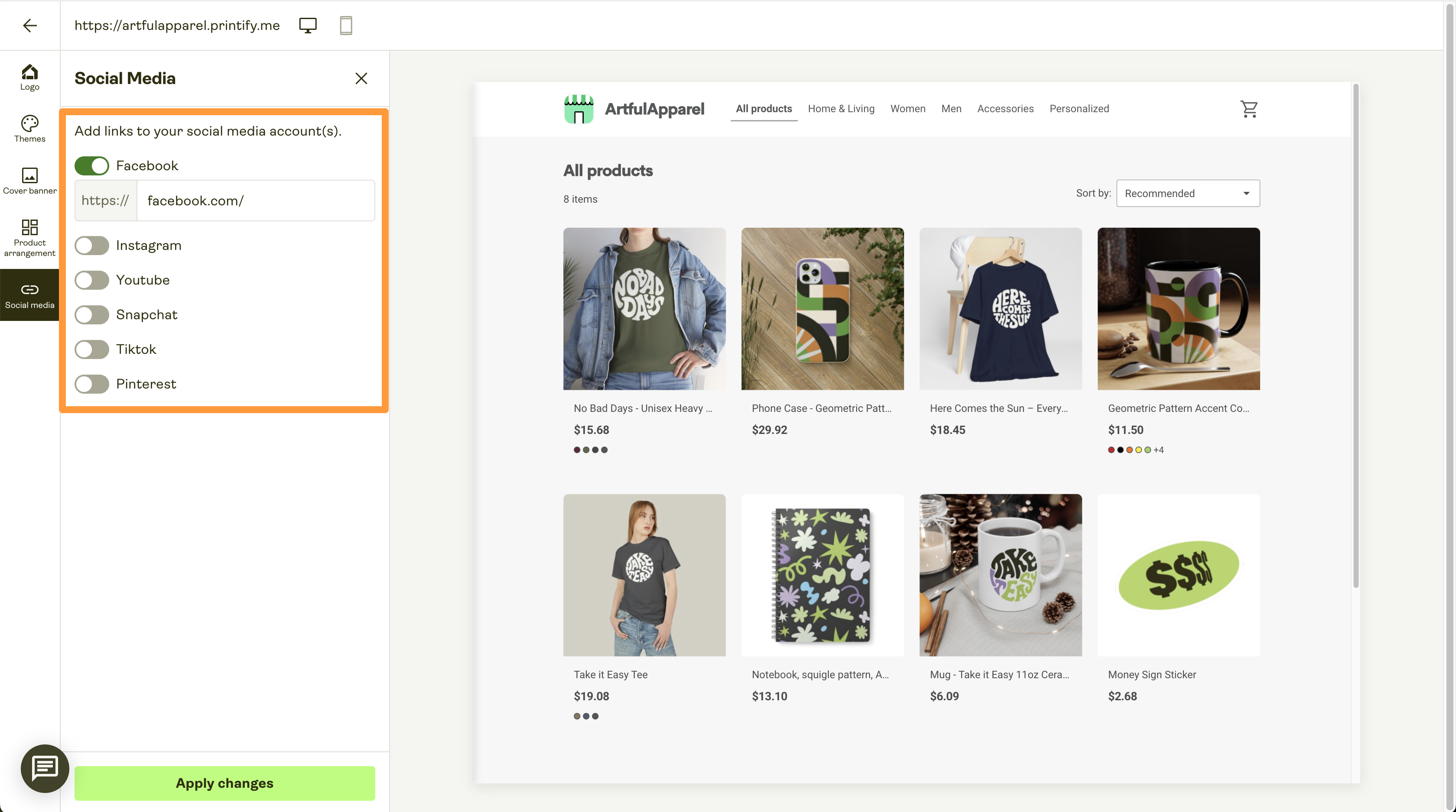 Screenshot of social media settings with toggles to add platform links.