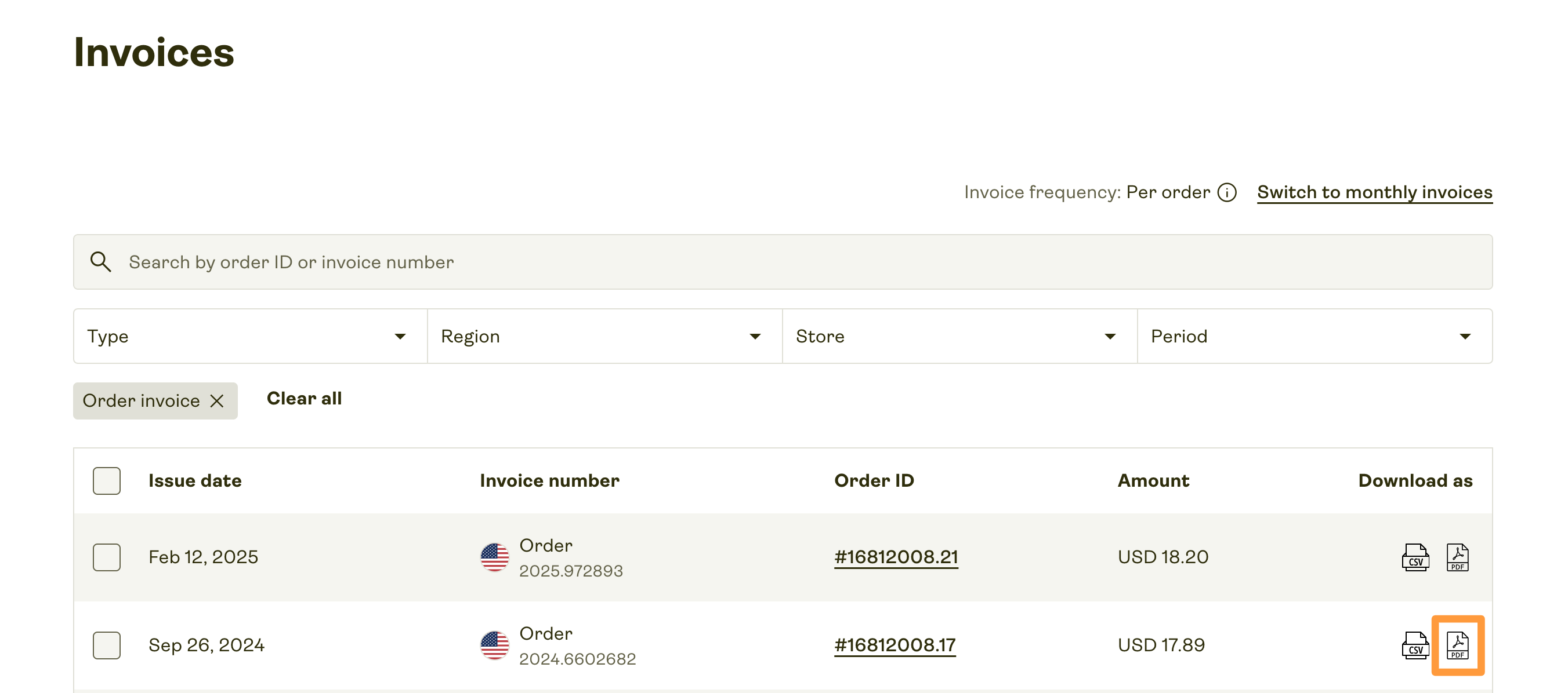 Screenshot of the Printify Invoices page showing a list of order invoices. Each invoice displays the issue date, invoice number, order ID, amount, and options to download the invoice as a CSV or PDF file. One PDF download icon is highlighted in orange.