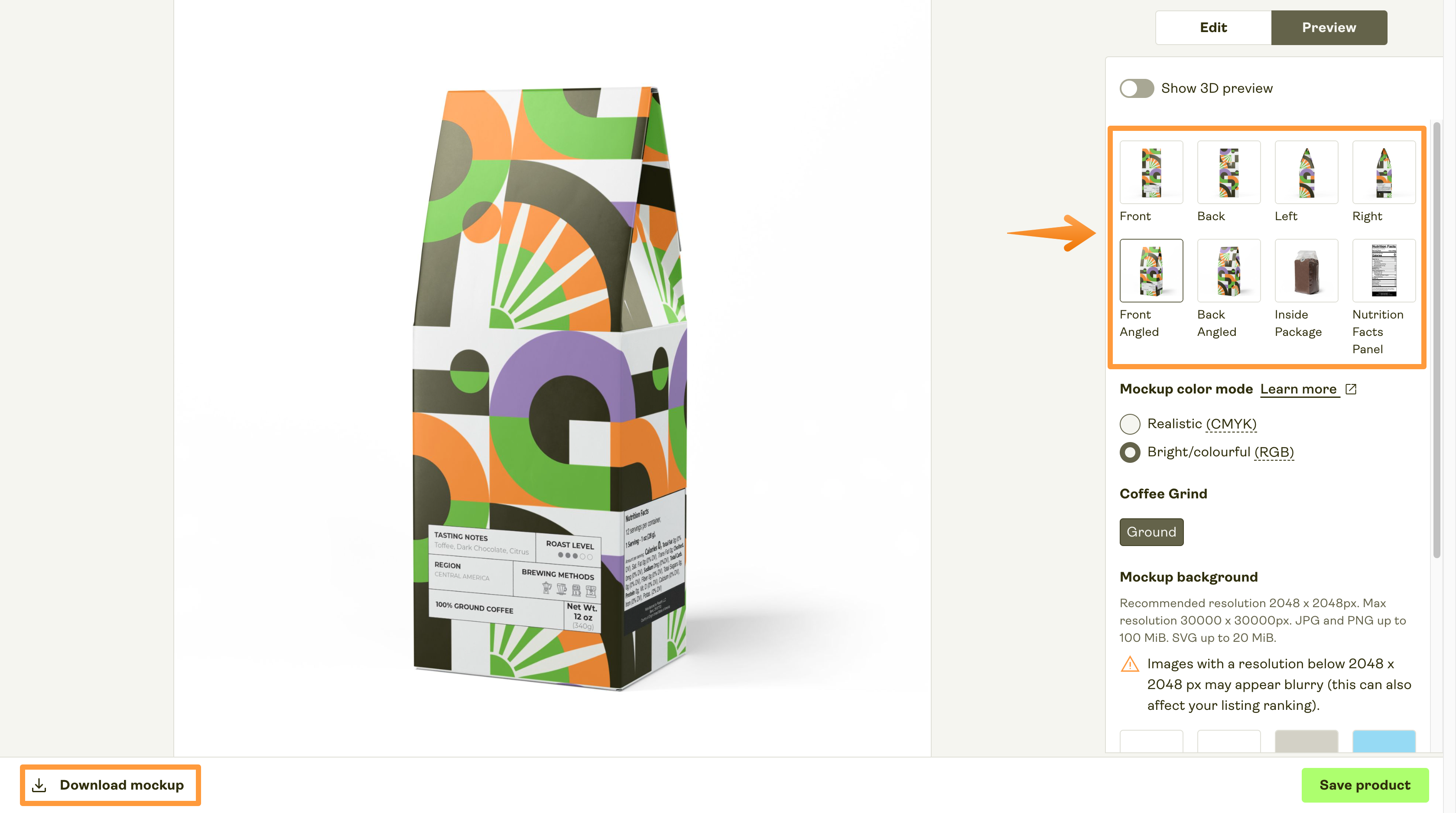 Screenshot of the Printful mockup generator showing a coffee bag design with mockup view options and a highlighted “Download mockup” button.