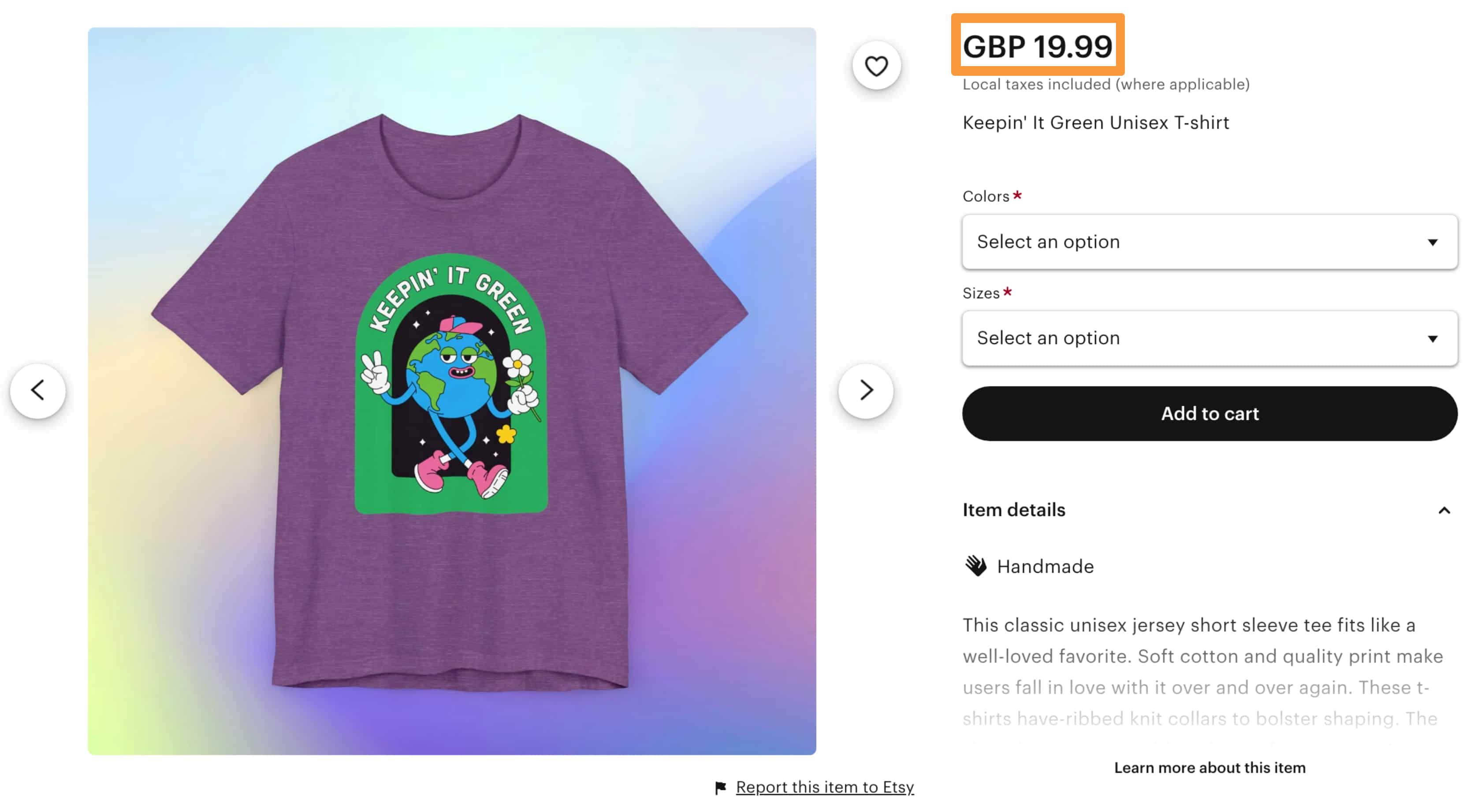 Etsy product page displaying a t-shirt priced in British Pounds (GBP 19.99), demonstrating how the store currency differs from the Printify retail price.