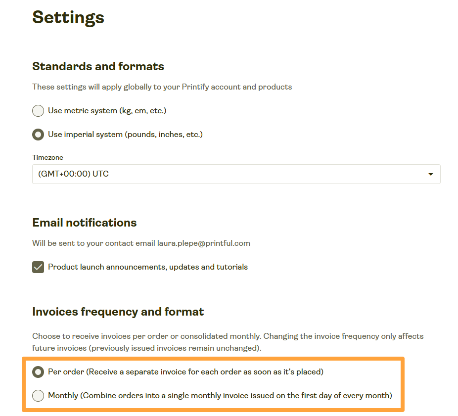 Printify settings showing invoice frequency options with 'Per order' selected.