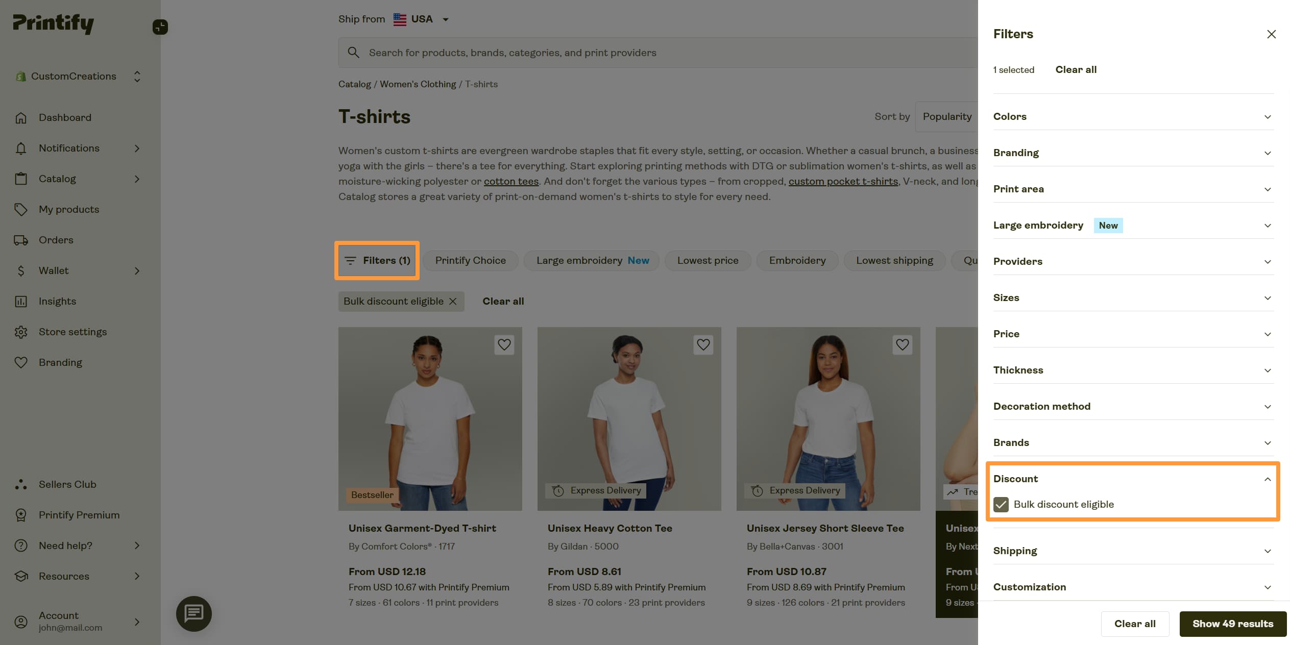 Printify Catalog with Filters menu open and 'Bulk discount eligible' option selected.