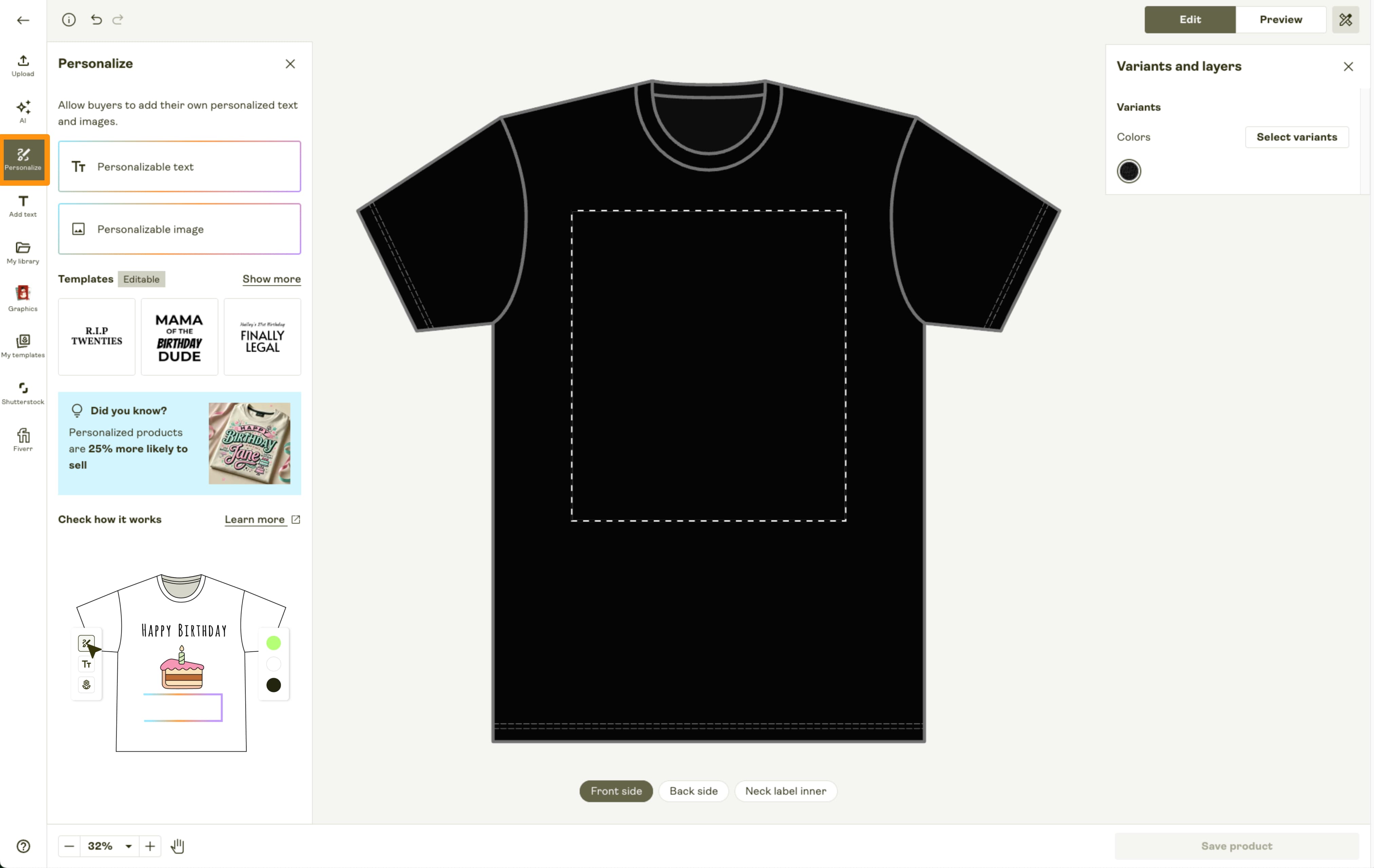 A black t-shirt in the Product Creator editing view, with "Personalize" button highlighted in the sidebar.